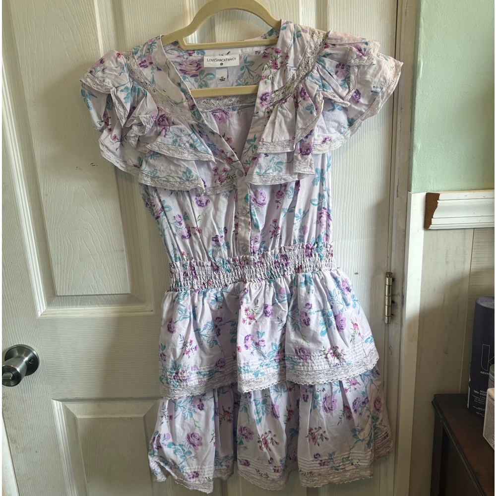 LoveShackFancy Floral Ruffle Mini Dress in White with Purple & Teal Accents